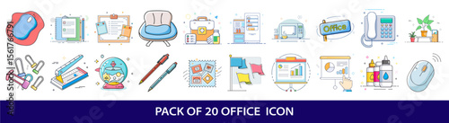 Office Supply Icons Vector Collection of Workplace Essentials and Business Equipment