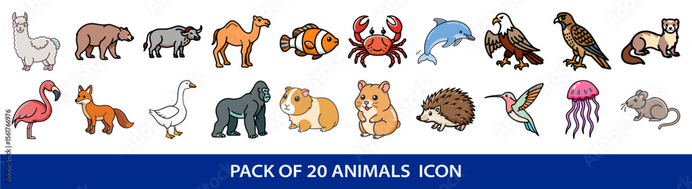 Fototapeta premium Cartoon Animal Icon Set Featuring Twenty Different Animal Illustrations