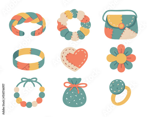 DIY Fabric Accessories. Flat icon set of DIY accessories from waste fabric: braided headband, scrap scrunchie,