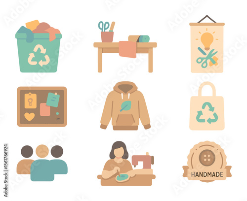 Textile Upcycling Icon Set. Flat icon set of textile upcycling workshop: fabric bin, work table, DIY poster,