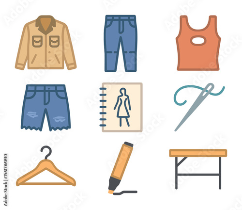 Thrift Fashion Icons. Flat icon set of thrift fashion rework: secondhand jacket, altered trousers, cut-out top