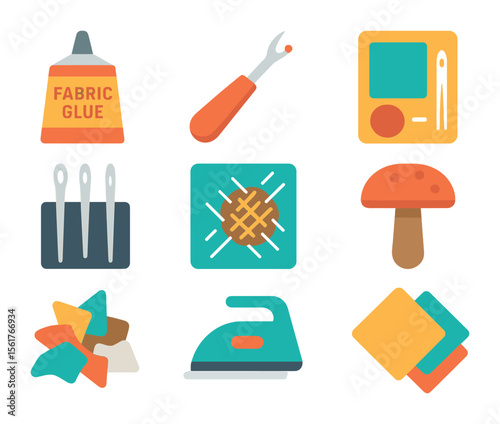 Zero-Waste Repair Icons. Flat icon set of zero-waste clothing repairs: fabric glue, seam ripper, patch kit,
