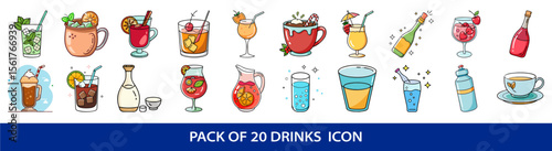 Colorful cartoon style drinks icons collection featuring a variety of beverages