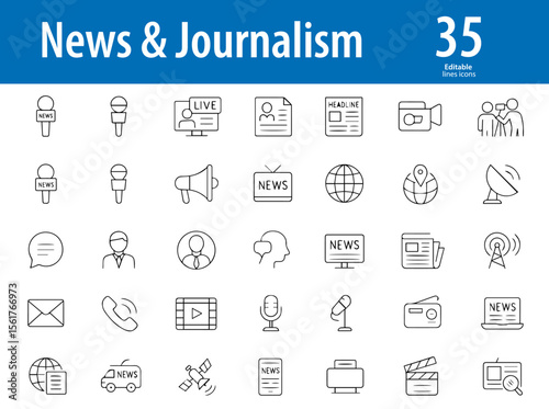 News and Journalism Line Icons, Newspaper, Breaking News, Microphone, News Anchor, Press, News App, Live Report, and More, Editable Formats: AI, EPS, JPG, PNG, Ideal for Both Digital and Print Use

