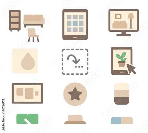 Digital Home Décor Icons. Flat icon set of digital home décor kits: modular furniture symbols, layout grid app