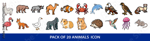 Cartoon Animal Icon Set Featuring Twenty Different Animal Illustrations