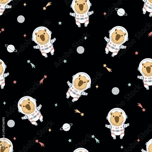 Seamless pattern a capybara in space with stars and planets.
