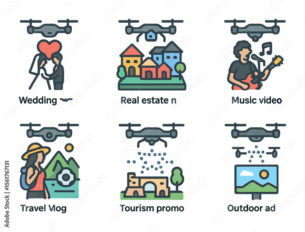 Fototapeta premium Creative Drone Iconography. Flat icon set of creative drone uses: wedding aerial shot, real estate panorama,