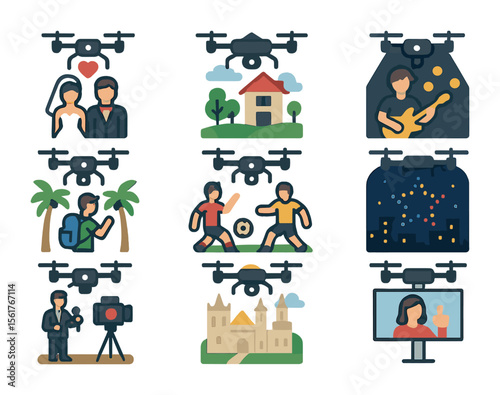 Creative Drone Icon Set. Flat icon set of creative drone uses: wedding aerial shot, real estate panorama,