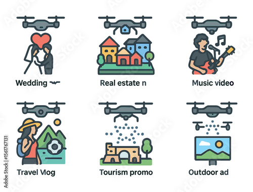 Creative Drone Iconography. Flat icon set of creative drone uses: wedding aerial shot, real estate panorama,