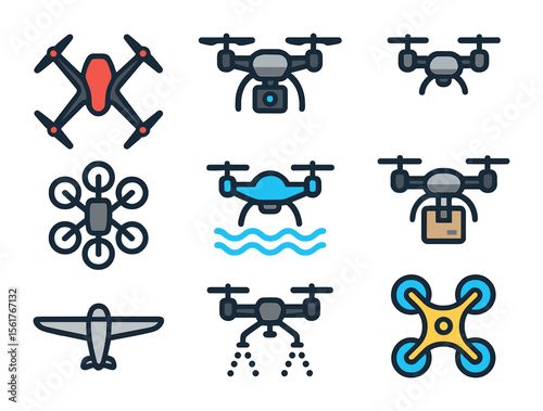 Diverse Drone Icons. Flat icon set of types of drones: racing drone, photography drone, mini drone, hexacopter