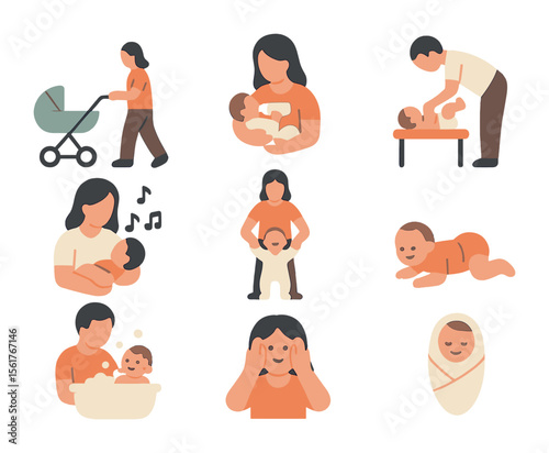 Early Childhood Icons. Flat icon set of early childhood bonding moments: stroller walk, bottle feeding, diaper