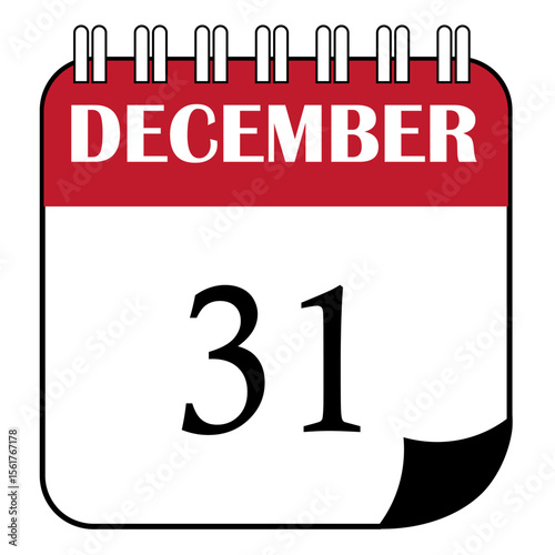 Calendar date text DECEMBER 31 on a frame with black, red and white background. Calendar concept December 31, end of the year.