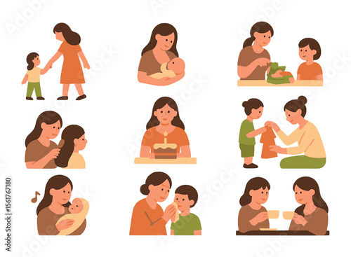 Mother-Child Icon Set. Flat icon set of mother-child nurturing: holding hands, breastfeeding, packing lunchbox