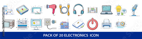 Collection of twenty different colorful vector electronics icons in modern line art style