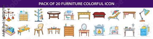 Collection of twenty colorful furniture icon set representing different home objects