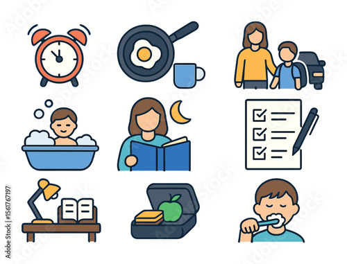 Daily Parenting Routine Icons. Flat icon set of daily parenting routines: morning alarm, breakfast prep,