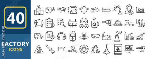 Vector art of forty factory icons isolated on white background, showcasing industrial automation and manufacturing processes