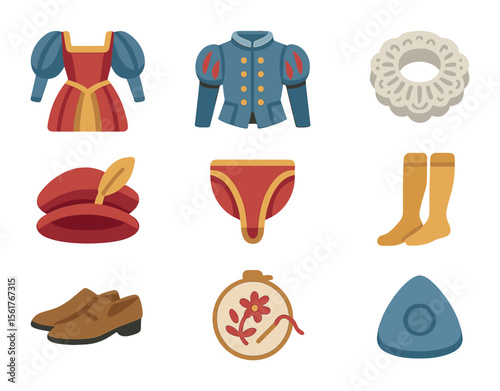 Renaissance Garment Icons. Flat icon set of Renaissance garments: puffed sleeve gown, doublet jacket, lace