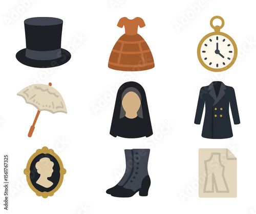 Victorian Clothing Icons. Flat icon set of Victorian-era clothing: top hat, crinoline dress, pocket watch,