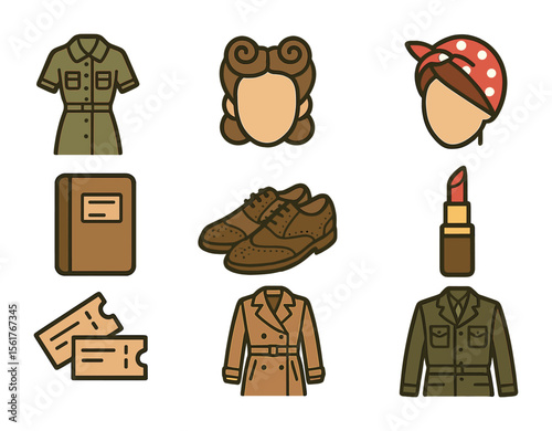 1940s Fashion Icons. Flat icon set of 1940s wartime fashion: utility dress, victory rolls hairstyle, headscarf