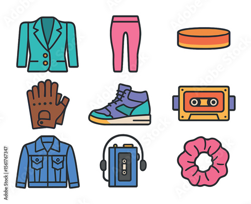 1980s Fashion Icons. Flat icon set of 1980s fashion: shoulder pad blazer, neon leggings, sweatband, fingerless