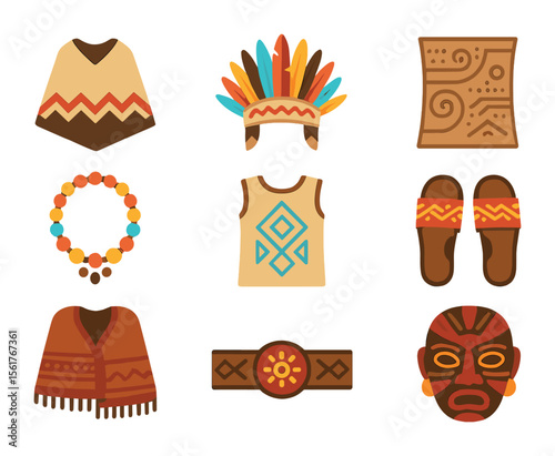 Global Indigenous Attire Icons. Flat icon set of global indigenous clothing: poncho, feathered headdress, bark