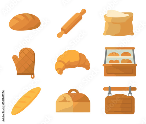 Bakery Icon Set. Flat icon set of traditional bakery shop: bread loaf, rolling pin, flour sack, oven mitt,
