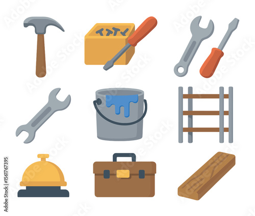 Hardware Store Icons. Flat icon set of small hardware store: hammer, nails box, screwdriver, wrench, paint