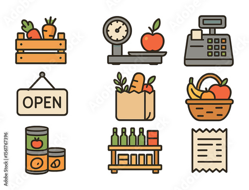 Grocery Store Icons. Flat icon set of family-owned grocery store: vegetable crate, weighing scale, cash