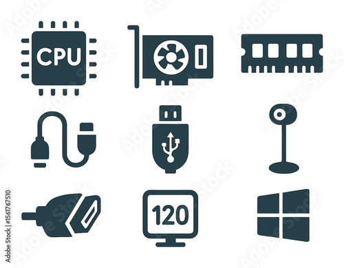 VR System Icons. Flat icon set of VR system requirements: CPU icon, GPU card, RAM chip, headset cable, USB