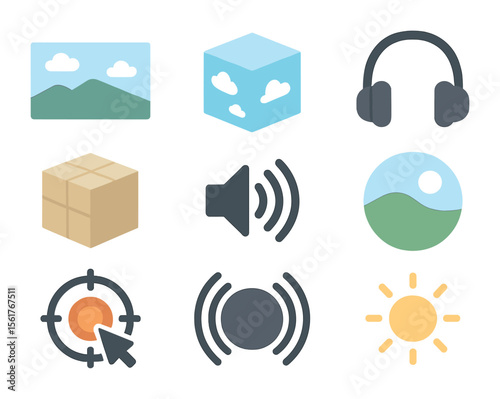 Immersive Experience Icons. Flat icon set of immersive experience assets: panoramic scene, background skybox,