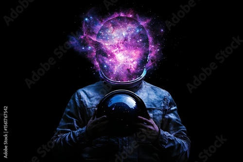 Realistic digital art of headless astronauts holding their helmets, wearing vintage space suits, with bright cosmic nebulae and glowing stars emerging from their necks, expanding into a vast galaxy