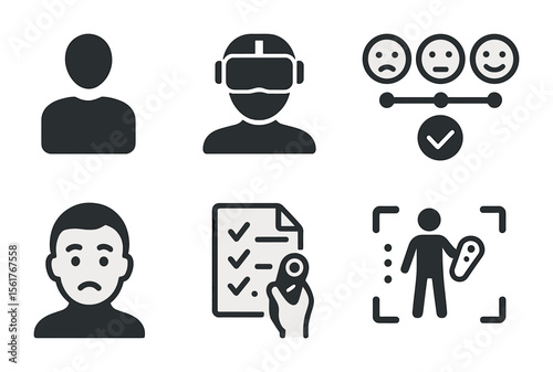 VR Testing Icon Set. Flat icon set of VR user testing and feedback: user icon, headset on, comfort scale,