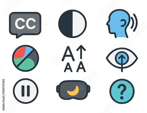 VR Accessibility Icons. Flat icon set of VR accessibility features: subtitle icon, visual contrast, audio
