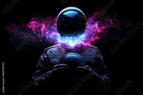 Realistic digital art of headless astronauts holding their helmets, wearing vintage space suits, with bright cosmic nebulae and glowing stars emerging from their necks, expanding into a vast galaxy
