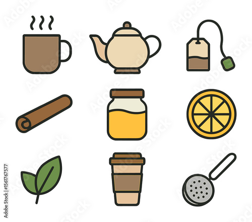 Hot Beverage Icons. Flat icon set of hot beverages: steaming mug, teapot, tea bag, cinnamon stick, honey jar,