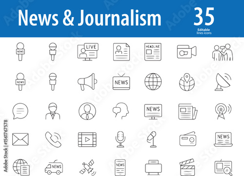 News and Journalism Line Icons, Newspaper, Breaking News, Microphone, News Anchor, Press, News App, Live Report, and More, Editable Formats: AI, EPS, JPG, PNG, Ideal for Both Digital and Print Use
