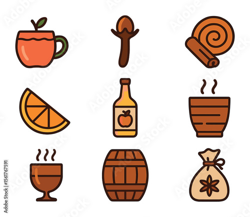 Cider Icons Collection. Flat icon set of cider varieties: apple mug, clove pod, cinnamon swirl, cider bottle,
