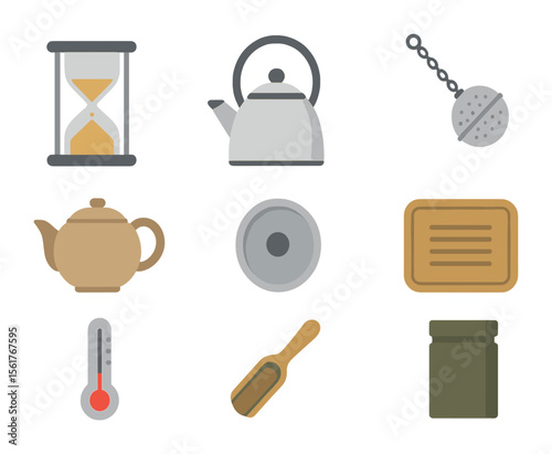 Tea Brewing Icons. Flat icon set of tea brewing tools: tea timer, water kettle, infuser ball, ceramic pot, lid