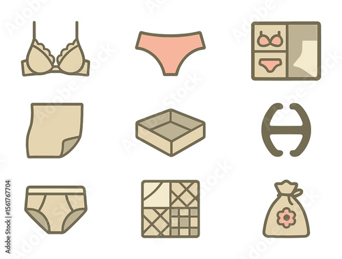Lingerie Organization Icons. Flat icon set of lingerie and delicates sorting: lace bra, satin panties, padded