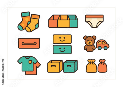 Kids' Drawer Organizers Icon. Flat icon set of kids’ drawer organizers: cartoon socks, colorful dividers,