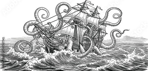 Woodcut illustration of a giant octopus attacking a ship. Vintage grunge vector design element for artworks, poster, cards, web and collages.