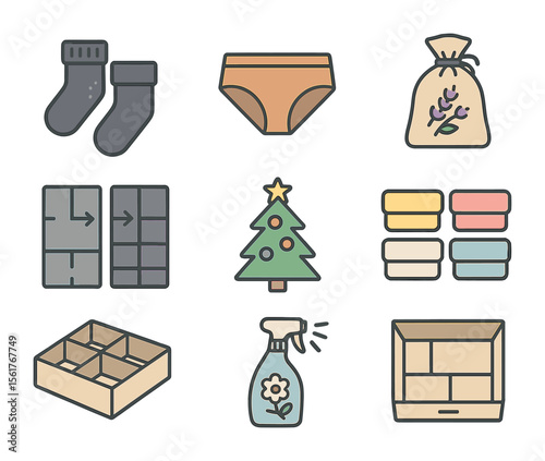 Seasonal Drawer Essentials. Flat icon set of seasonal drawer prep: thermal socks, summer briefs, fabric sachet