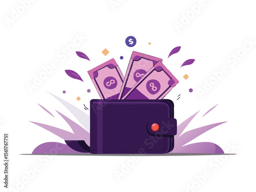 Purple wallet overflowing with pink banknotes and a dollar sign symbol isolated on white background

