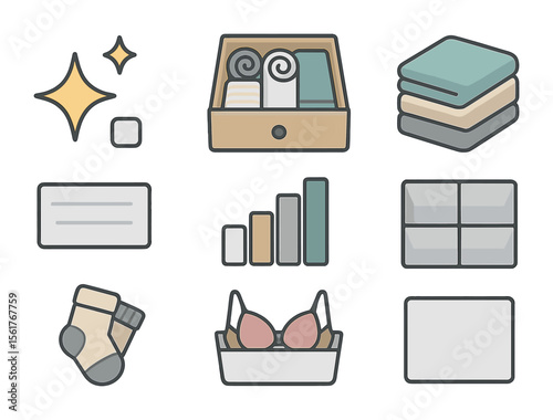 KonMari Method Icons. Flat icon set of KonMari method items: joy spark icon, tidy drawer, folded fabric,
