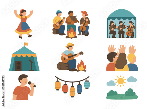 Music Festival Icons. Flat icon set of music festival moments: folk dancer, bonfire jam, string quartet, tent