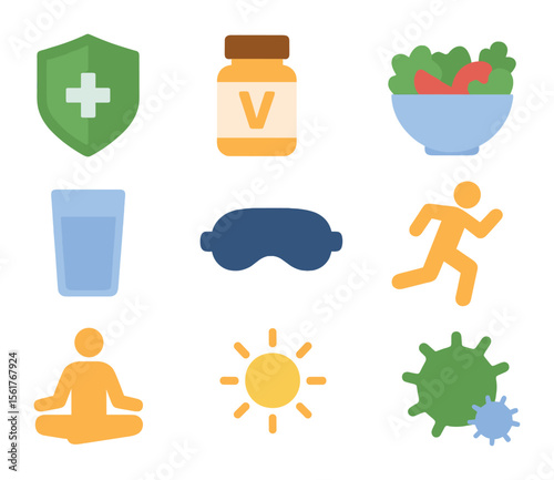 Immune Health Icons. Flat icon set of immune health: shield icon, vitamins bottle, healthy salad, water glass,