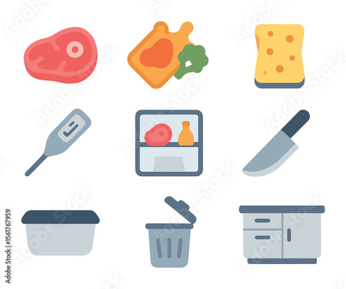 Cross-Contamination Icon Set. Flat icon set of cross-contamination risks: raw meat, shared cutting board,