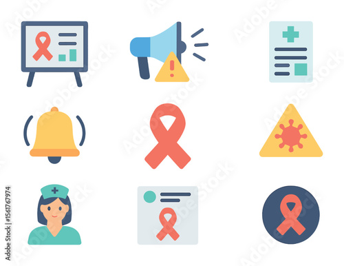Public Health Icon Set. Flat icon set of public health awareness: infographic board, PSA megaphone, medical